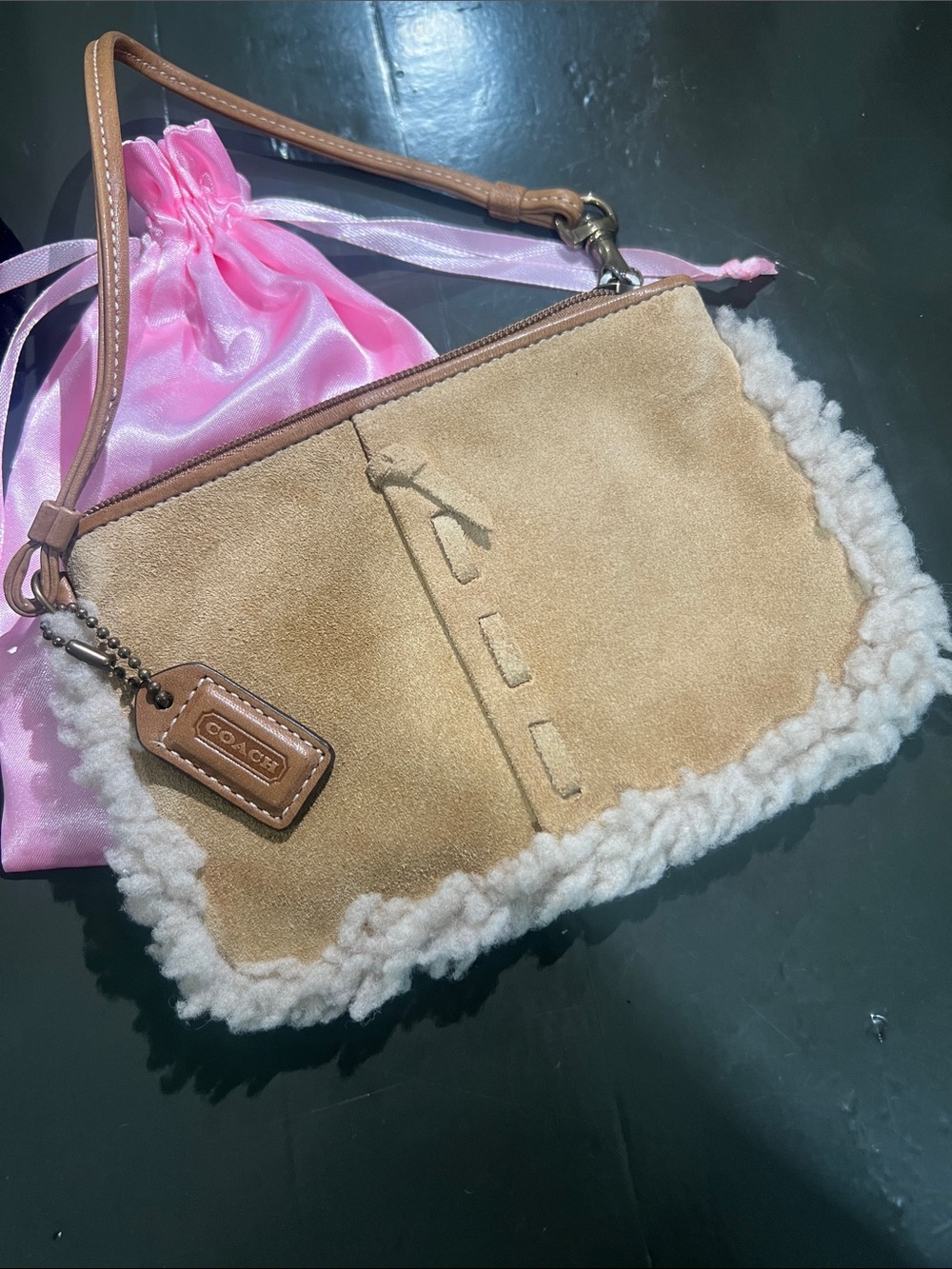 Coach Tan Suede Wristlet with Cream Shearling Trim
